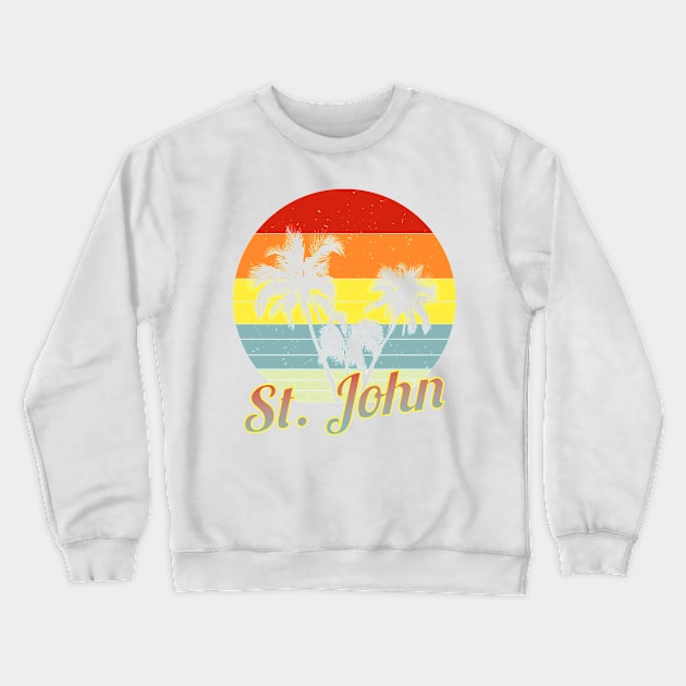 St. John Retro Tropical Palm Trees Vacation Crewneck Sweatshirt by macdonaldcreativestudios